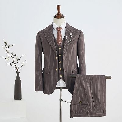 Bartley Popular Coffee Striped Peaked Lapel 2 Button Business Suit For Men_2