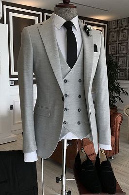 Formal Light Gray 3-Pieces Notched Lapel Double Breasted Waistcoat Business Suits For Men