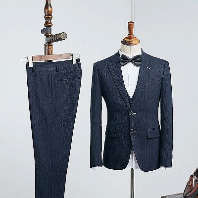 Burke Formal Navy Blue Striped 3 Pieces Custom Business Suit_2