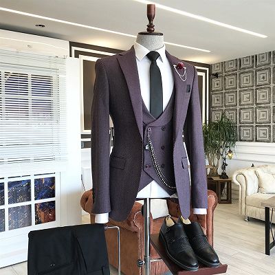 Milo Dark Purple Peaked Lapel Double Breasted Waistcoat Business Suits For Men_2