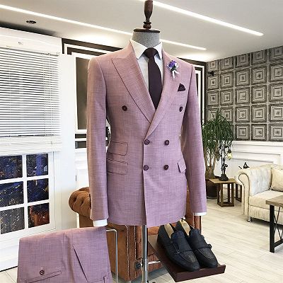 Unique Pink Peaked Lapel Double Breasted 3 Flaps Prom Suits For Men_2