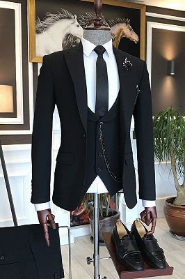 Noah All Black 3-Pieces Peaked Lapel Business Suits For Men_1