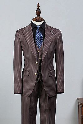Les Popular Brown Striped Peaked Lapel Slim Fit Business Suit
