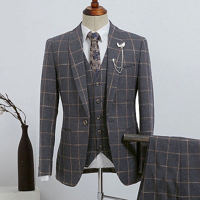 Barlow Fashion Dark Gray Plaid 3 Pieces Slim Fit Custom Business Suit_2