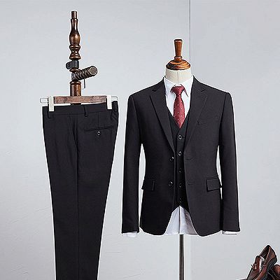 Boris Classic All Black 3 Pieces Notched Lapel Slim Fit Business Suit For Men_2