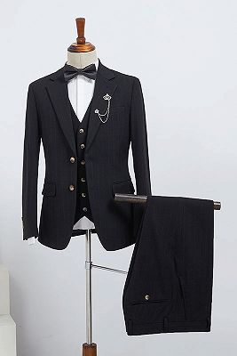 Barton Classic Black Striped 3 Pieces Tailored Business Suit For Men_1