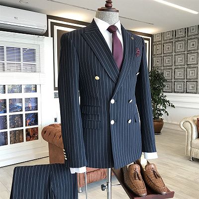 Hogan Modern Navy Blue Striped Peaked Lapel Double Breasted Slim Fit Business Men Suits_2