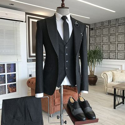 Devin Simple Black Pinstripes With Button Formal Business Slim fit Men Suits_2