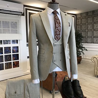 Nelson Fashion Light Brown Small Plaid Peaked Lapel 3 Flaps Business Men Suits_2