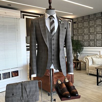 Felix Formal Small Plaid Peaked Lapel Bespoke Slim Fit Men Suits