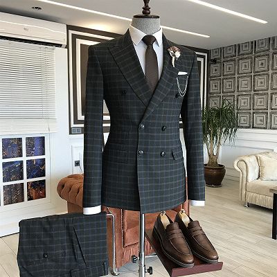 Baron Black Plaid Double Breasted Slim Fit Business Suits For Men