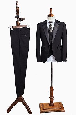 Calvin Traditional All Black 3 Pieces Peaked Lapel Business Suit For Men_1