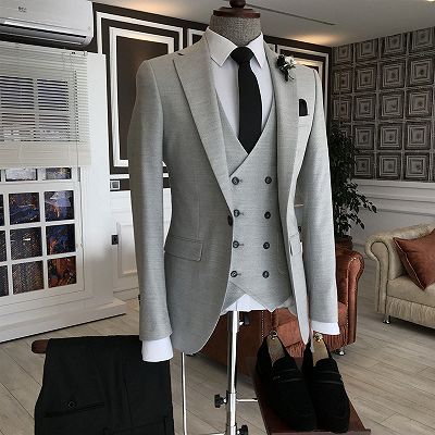 Formal Light Gray 3-Pieces Notched Lapel Double Breasted Waistcoat Business Suits For Men