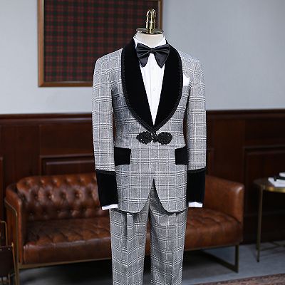 Steward Stylish Gray Plaid Knitted Button Wedding Suit For Grooms