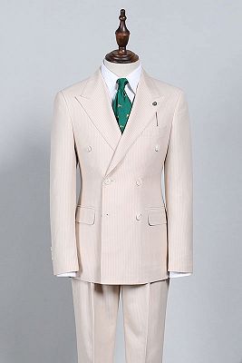 Noah Handsome Light Khaki Striped Double Breasted Bespoke Suit_1