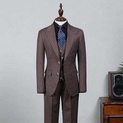 Les Popular Brown Striped Peaked Lapel Slim Fit Business Suit_2