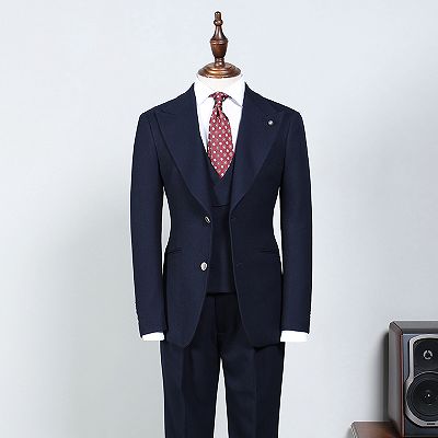 Sampson Elegant Navy Blue 3 Pieces Peaked Lapel Bespoke Business Suit_2