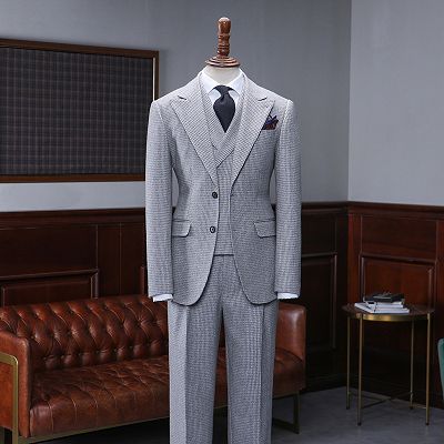 Addison Regular Gray Small Plaid Peaked Lapel 2 Button Business Suit_2