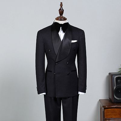 Solomon Classic All Black Double Breasted Bespoke Wedding Suit For Grooms_2