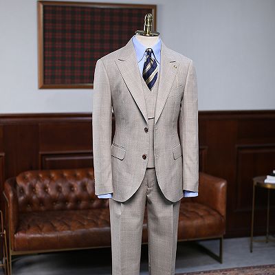 Abel Formal Light Khaki Plaid 3 Pieces Bespoke Business Suit_2