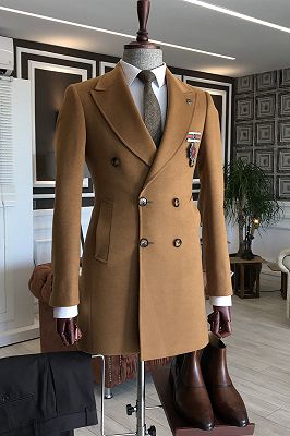 Henry Popular Camel Peaked Lapel Double Breasted Tailored Wool Coat For Business