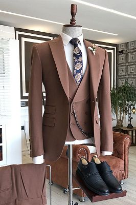 Herbert Fashion Brown 3-Pieces Peaked Lapel Business Suits For Men_1