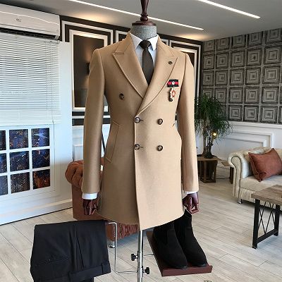 Ingram Light Khaki Peaked Lapel Double Breasted Slim Fit Formal Wool Coat_2