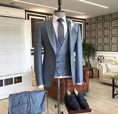 Jeffrey Formal Gray Plaid Peaked Lapel Double Breasted Waistcoat Business Suits