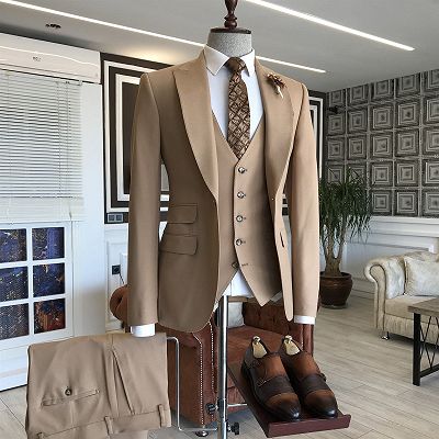 Sampson New Arrival Brown Peaked Lapel 3 Flaps Slim Fit Business Suits For Men