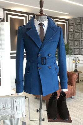 Lambert Royal Blue Double Breasted Slim Fit Business Wool Coat With Belt