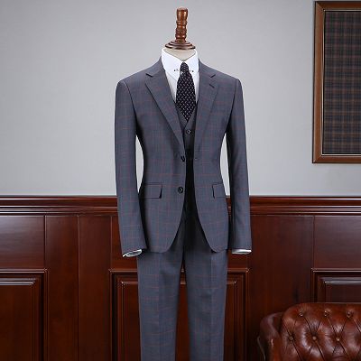 Abraham Fashion Dark Gray Plaid Notched Lapel 2 Button Business Suit