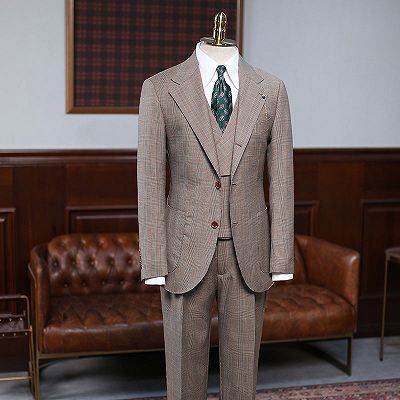 Atwood Handsome Light Khaki Plaid 3 Pieces Tailored Business Suit_2