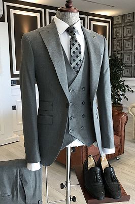 Levi Light Gray 3-Pieces Peaked Lapel Slim Fit Men Suits For Business