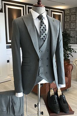 Levi Light Gray 3-Pieces Peaked Lapel Slim Fit Men Suits For Business_1