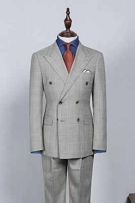 Roy Trendy Gray Plaid Double Breasted Bespoke Business Suit