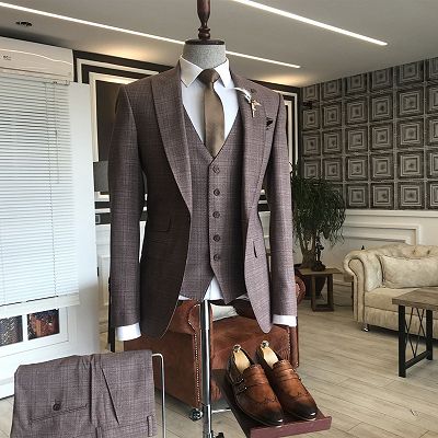 Hale Burgundy Small Plaid 3-Pieces Slim Fit Bespoke Business Suits_2