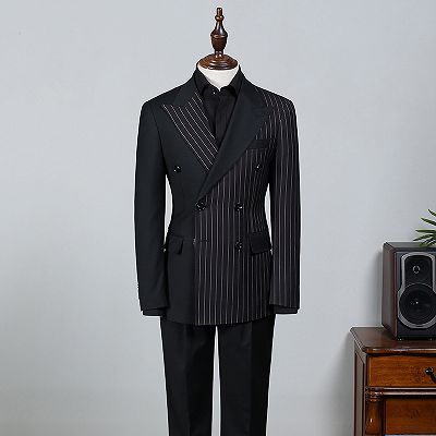 Beacher Formal Black Striped Peaked Lapel Double Breasted Bespoke Business Suit_2