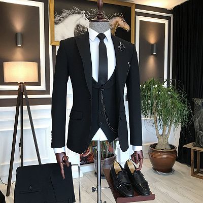 Noah All Black 3-Pieces Peaked Lapel Business Suits For Men