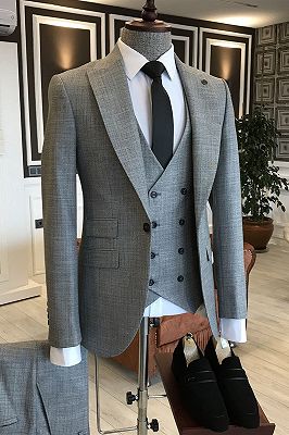 Nick Gray Plaid Peaked Lapel One Button Slim Fit Formal Menswear_1