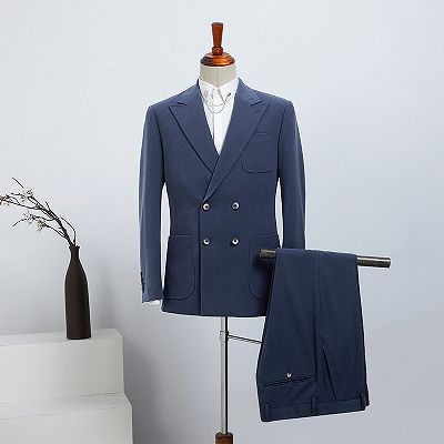 Bob Popular Blue Peaked Lapel Double Breasted Business Suit For Men