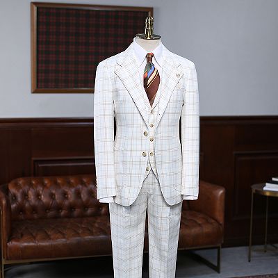 Alfred Fashion White Plaid 3 Pieces Notched Lapel Slim Fit Suit_2