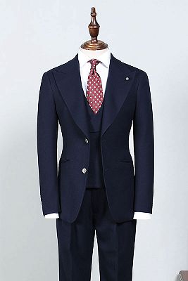 Sampson Elegant Navy Blue 3 Pieces Peaked Lapel Bespoke Business Suit_1