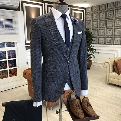 modern navy blue small plaid notched lapel slim fit custom formal menswear_2