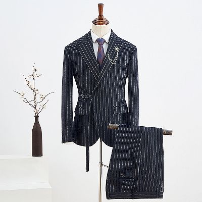 Bernard Stylish Black Striped With Adjustable Belt Slim Fit Business Suit_2