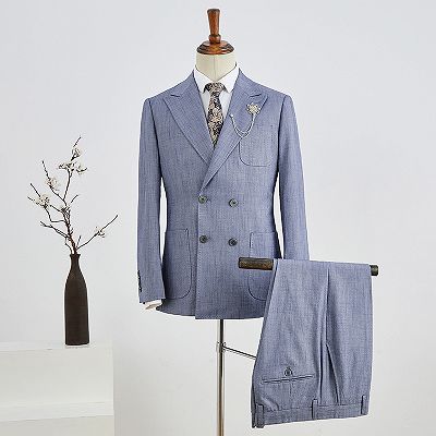 Bert fashion blue plaid peaked lapel double breasted custom business suit