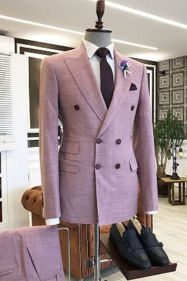 Unique Pink Peaked Lapel Double Breasted 3 Flaps Prom Suits For Men_1