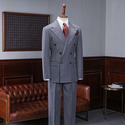 Armand Trendy Gray Striped Peaked Lapel Double Breasted Custom Suit For Business_2