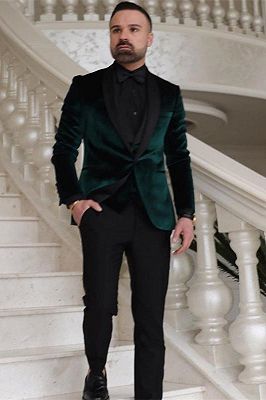 Dark Green Velvet Three Pieces Fashion Shawl Lapel Wedding Groom Suits_2