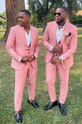 New Arrival Christopher Pink Three Pieces Peaked Lapel Wedding Groomsmen Suits