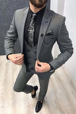 Stylish Black Plaid Peaked Lapel Bespoke Slim Fit Business Suits